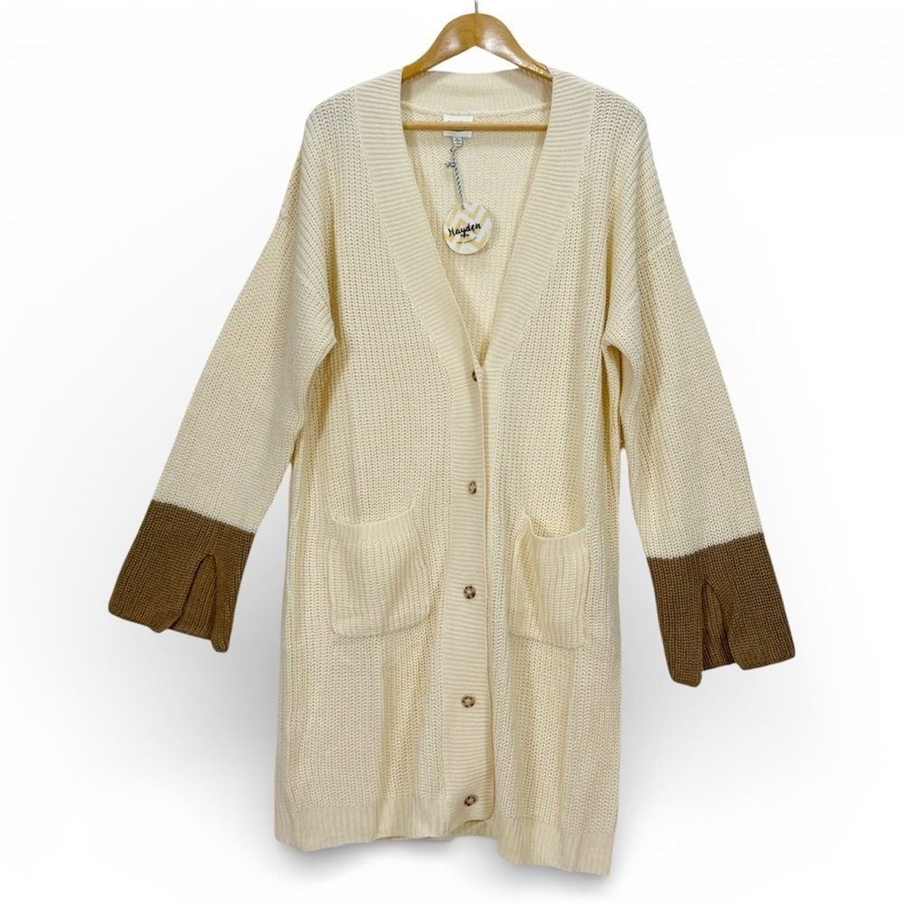 Hayden Los Angeles Cream Chunky Knit Long Cardigan Medium Women’s Colorblock